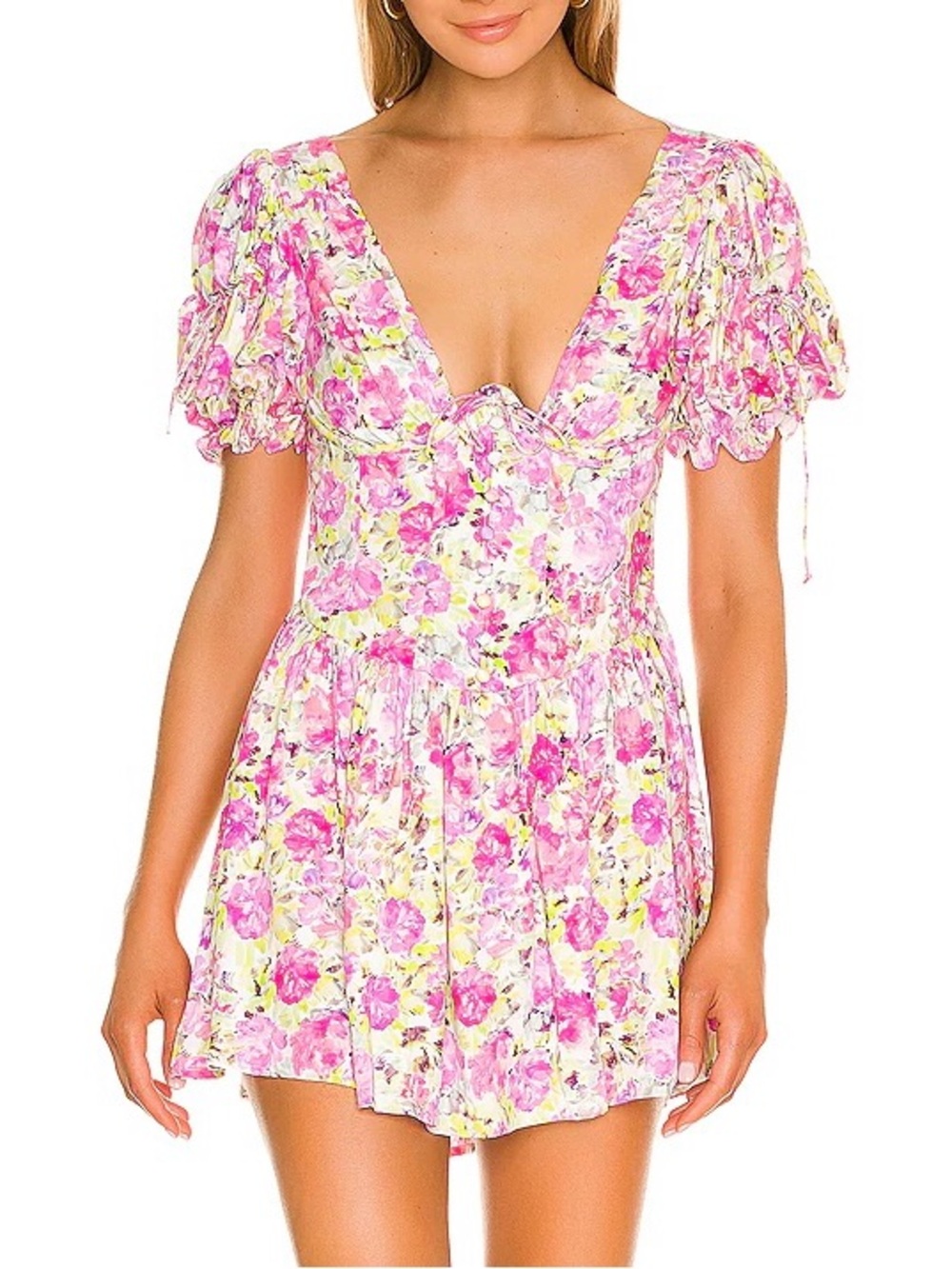 For Love and Lemons Floral Pink Mini Dress with Puff Sleeves